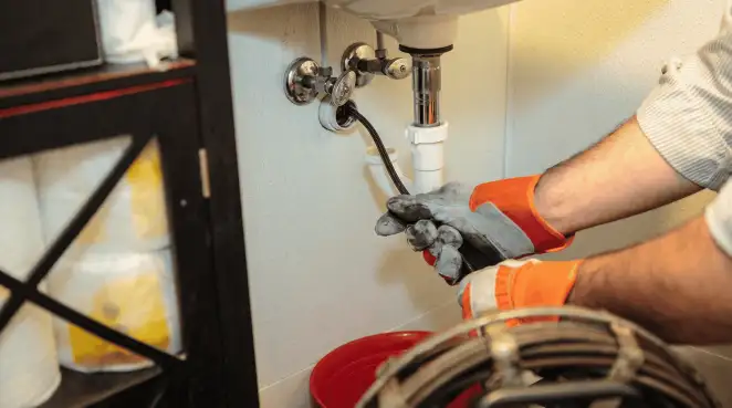 Drain cleaning technician using a motorized plumbing snake to clear a clogged sink pipe in Honolulu, HI